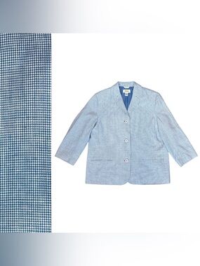 VTG Talbots 100% Irish Linen 3/4 Sleeve Blazer Blue Micro Houndstooth Women’s 12